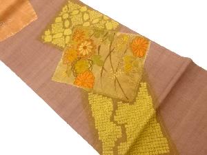 リサイクル　手織り紬汕頭相良蘇州刺繍絞り色紙に秋草模様袋帯